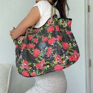 Betsey Johnson sequin rose hobo bag with gold hardware